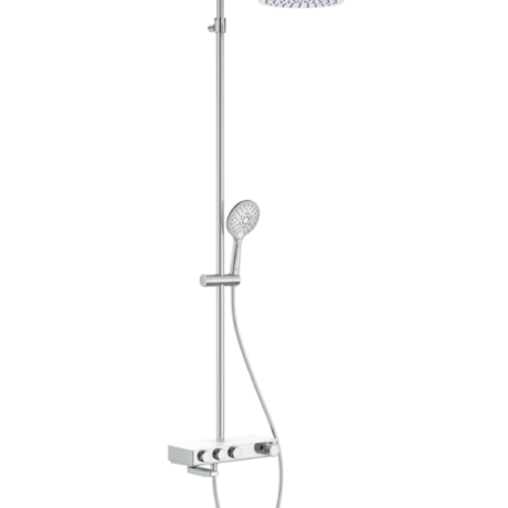 Chrome shower system with a fixed overhead rain shower, a handheld shower on a vertical bar, and a wall-mounted mixer.