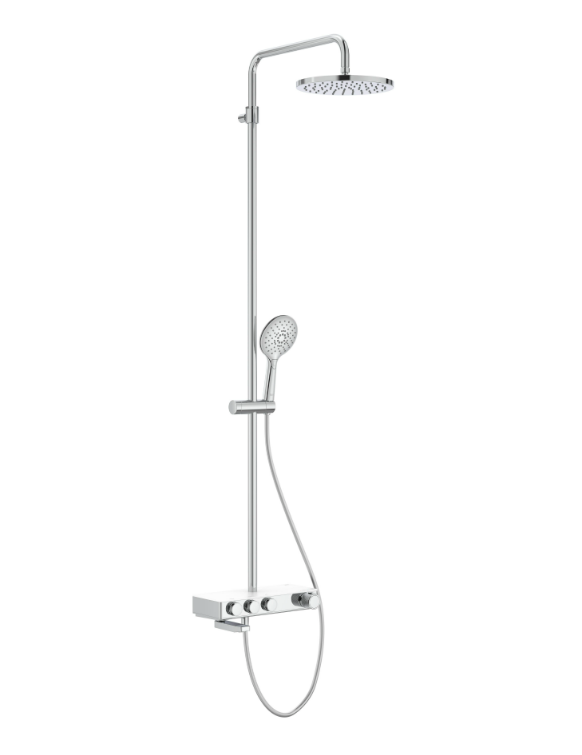 Екранна снимка 2026-07-29 095018 - Мебели за баня и душкабини Chrome shower system with a fixed overhead rain shower, a handheld shower on a vertical bar, and a wall-mounted mixer.