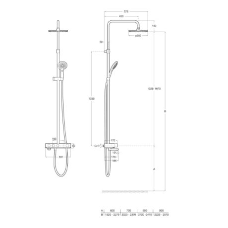 Technical drawing of a wall-mounted shower system with an overhead curved arm and a handheld shower on a sliding bracket, plus a separate handheld unit with hose and dimensions for installation