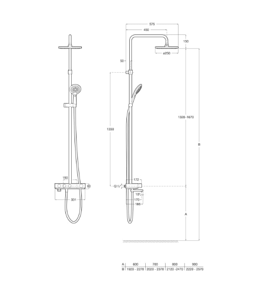 Екранна снимка 2026-07-29 100347 - Мебели за баня и душкабини Technical drawing of a wall-mounted shower system with an overhead curved arm and a handheld shower on a sliding bracket, plus a separate handheld unit with hose and dimensions for installation