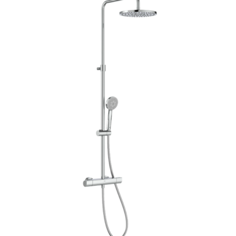 Chrome shower column with an overhead rainfall head and a detachable handheld shower on a vertical bar, mounted for wall use.
