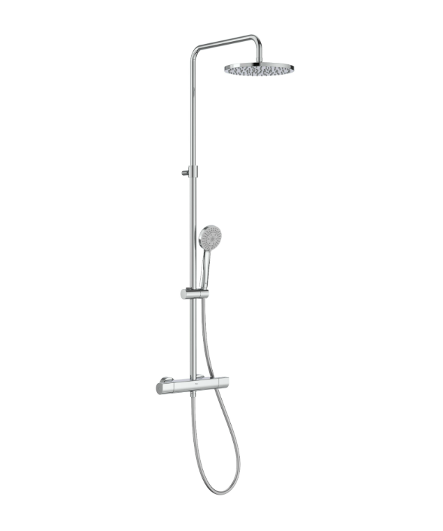 Екранна снимка 2026-07-29 100656 - Мебели за баня и душкабини Chrome shower column with an overhead rainfall head and a detachable handheld shower on a vertical bar, mounted for wall use.