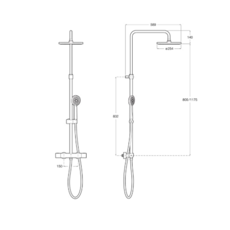 Technical drawing of a wall-mounted shower system with a vertical bar, overhead curved arm, and handheld shower on a hose; dimension callouts show height 800–1175 mm, reach 589 mm, and shower head Ø254 mm.