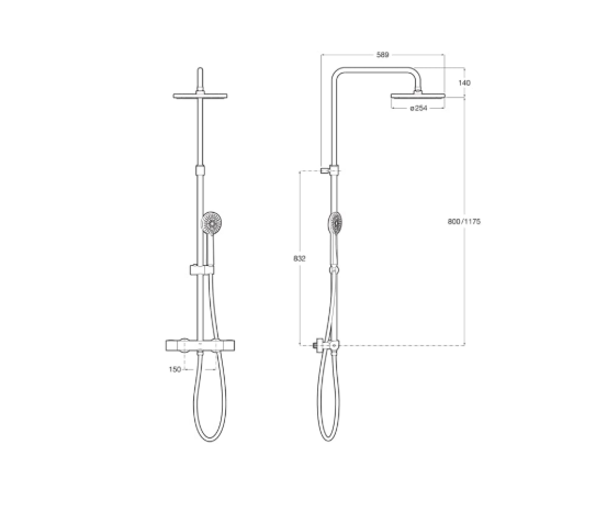Екранна снимка 2026-07-29 100721 - Мебели за баня и душкабини Technical drawing of a wall-mounted shower system with a vertical bar, overhead curved arm, and handheld shower on a hose; dimension callouts show height 800–1175 mm, reach 589 mm, and shower head Ø254 mm.