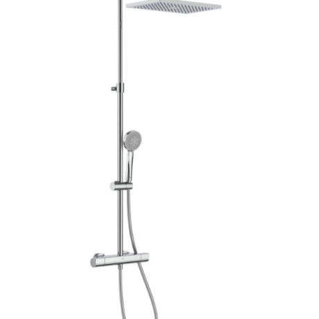 Chrome shower system with a large rectangular rainfall head overhead and a detachable handheld shower on a vertical bar.