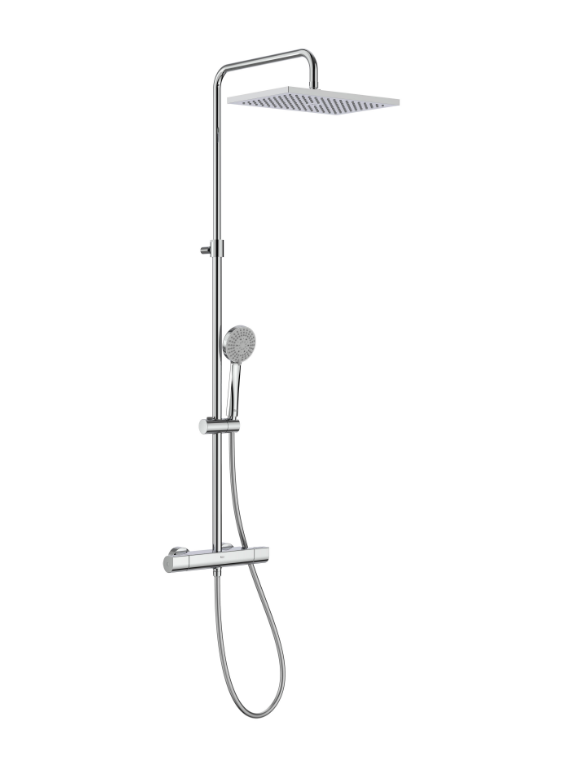 Екранна снимка 2026-07-29 102446 - Мебели за баня и душкабини Chrome shower system with a large rectangular rainfall head overhead and a detachable handheld shower on a vertical bar.