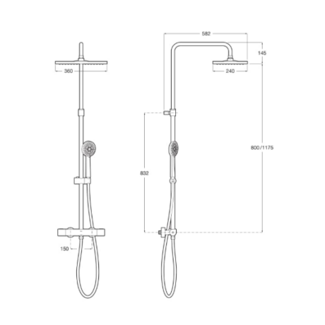 Technical diagram of a ceiling-mounted rainfall shower and a handheld shower with dimensions and measurement lines.