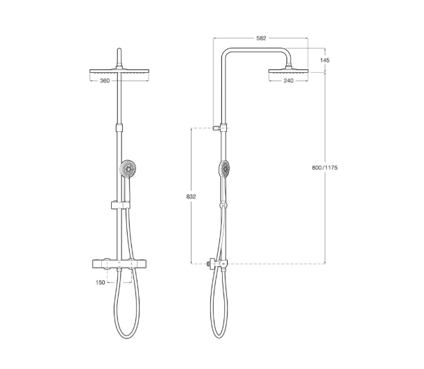Екранна снимка 2026-07-29 102506 - Мебели за баня и душкабини Technical diagram of a ceiling-mounted rainfall shower and a handheld shower with dimensions and measurement lines.