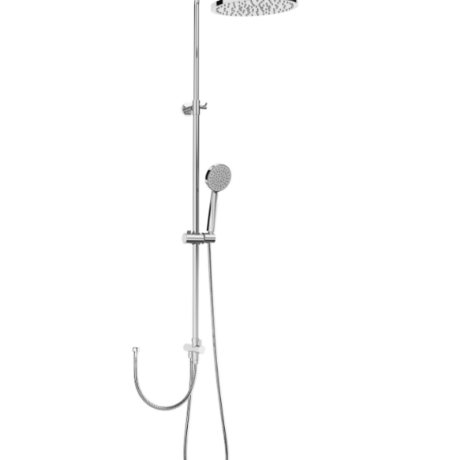 Chrome shower column with a large round rain showerhead at the top and a detachable handheld shower on a flexible hose.
