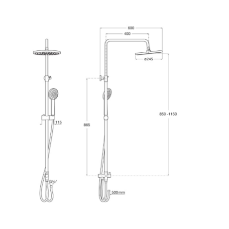 Technical drawing of a wall-mounted shower system with an overhead rain head and handheld shower, showing dimensions and hose length.