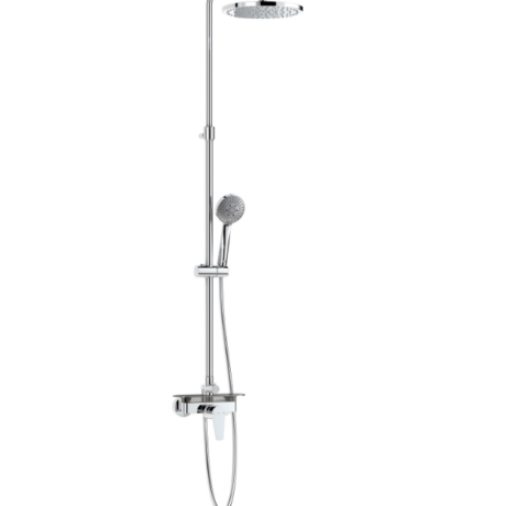 Chrome rainfall shower system with overhead round head and handheld companion on a flexible hose, mounted on a vertical chrome column.