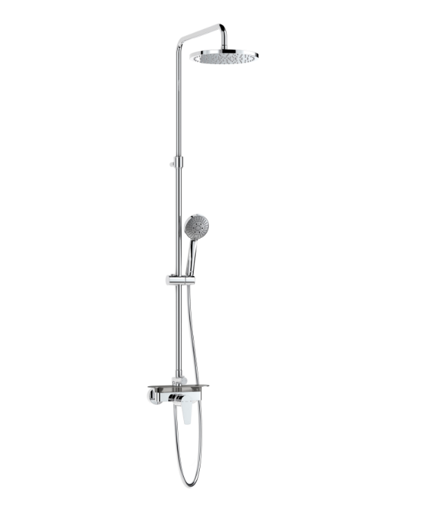 Екранна снимка 2026-07-30 100243 - Мебели за баня и душкабини Chrome rainfall shower system with overhead round head and handheld companion on a flexible hose, mounted on a vertical chrome column.