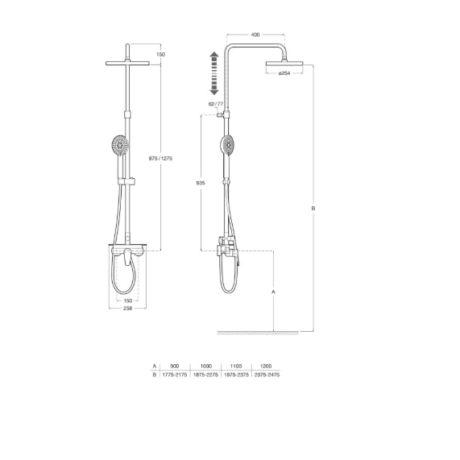 Technical drawing of a wall-mounted shower system with a vertical bar, handheld shower, and a curved overhead outlet, shown from two views with dimension lines and measurements.