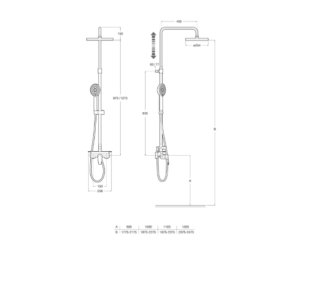 Екранна снимка 2026-07-30 100304 - Мебели за баня и душкабини Technical drawing of a wall-mounted shower system with a vertical bar, handheld shower, and a curved overhead outlet, shown from two views with dimension lines and measurements.