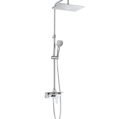 Chrome shower system with a square rainfall showerhead, a vertical bar with a handheld showerhead, and a wall-mounted mixer valve.