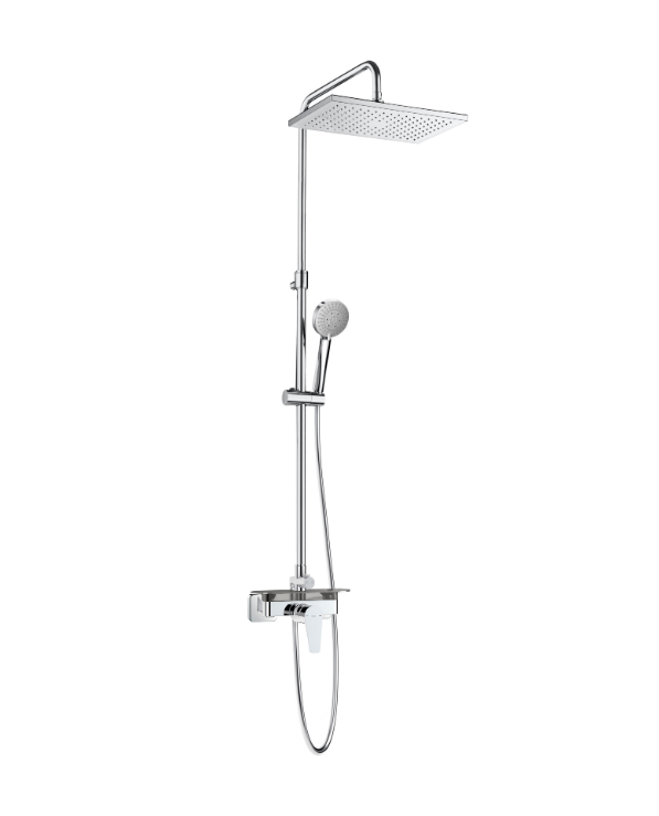 Екранна снимка 2026-07-30 100707 - Мебели за баня и душкабини Chrome shower system with a square rainfall showerhead, a vertical bar with a handheld showerhead, and a wall-mounted mixer valve.