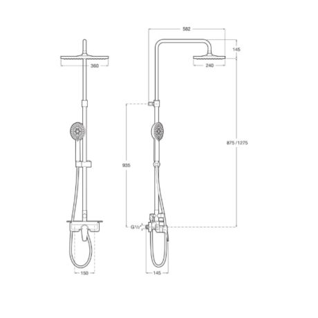 Technical installation diagram of a dual shower system with two vertical risers, a handheld shower on the left and a ceiling-mounted shower on the right, including dimensional annotations for height, reach, and connection points.
