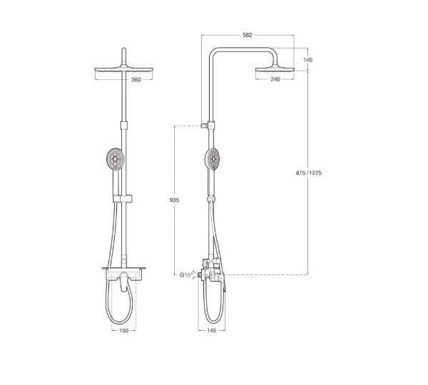 Екранна снимка 2026-07-30 100729 - Мебели за баня и душкабини Technical installation diagram of a dual shower system with two vertical risers, a handheld shower on the left and a ceiling-mounted shower on the right, including dimensional annotations for height, reach, and connection points.