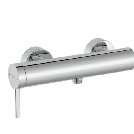Chrome wall-mounted mixer faucet with a horizontal cylindrical body, single vertical lever on the left, and hot/cold indicators on the end.