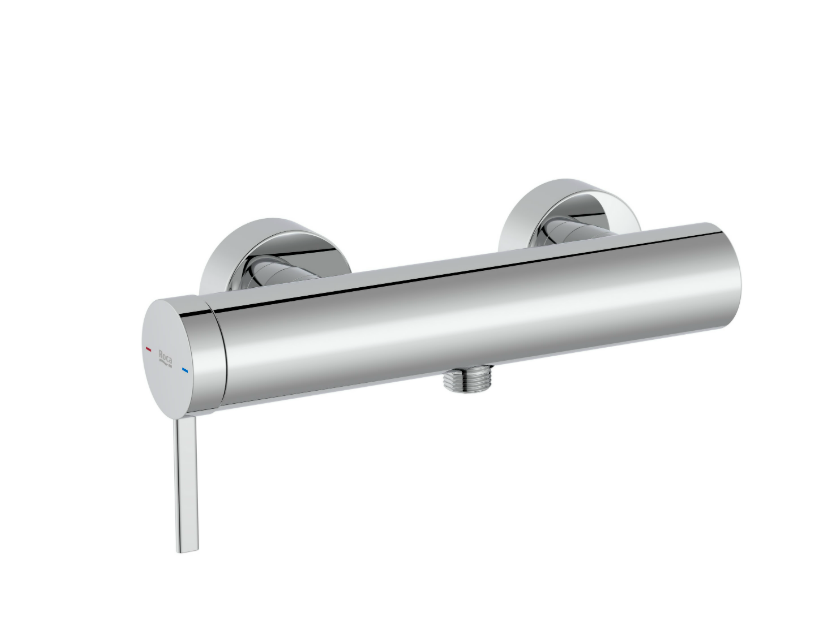 Екранна снимка 2026-07-30 101556 - Мебели за баня и душкабини Chrome wall-mounted mixer faucet with a horizontal cylindrical body, single vertical lever on the left, and hot/cold indicators on the end.