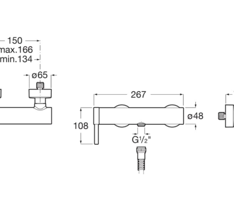 Technical schematic of a wall-mounted faucet with two knobs; shows G1/2" inlets, overall width ~150 mm, knob spacing max/min 166/134 mm, spout length 267 mm, outlet diameters Ø65 mm and Ø48 mm.