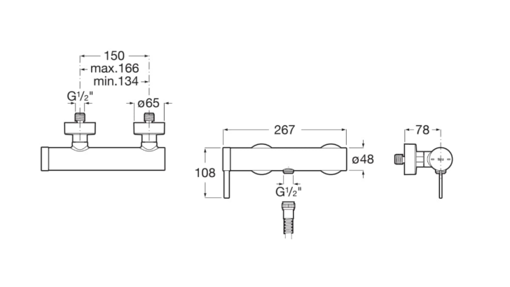 Екранна снимка 2026-07-30 101632 - Мебели за баня и душкабини Technical schematic of a wall-mounted faucet with two knobs; shows G1/2" inlets, overall width ~150 mm, knob spacing max/min 166/134 mm, spout length 267 mm, outlet diameters Ø65 mm and Ø48 mm.