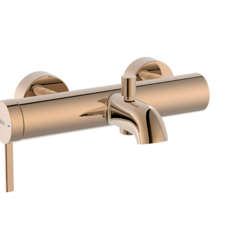 Rose gold wall-mounted bathroom faucet with a single lever handle and curved spout.