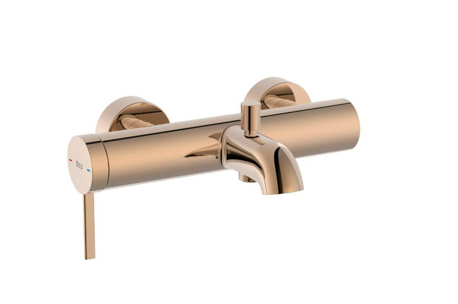 Екранна снимка 2026-07-30 104450 - Мебели за баня и душкабини Rose gold wall-mounted bathroom faucet with a single lever handle and curved spout.