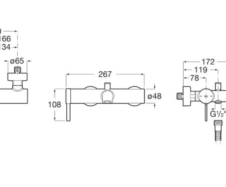 Technical drawing of a wall-mounted faucet with two taps and central spout, shown in three views with dimensions: width 150 mm, center spacing 134–166 mm, G1/2 fittings, valve holes Ø65, overall length 267 mm, height 108 mm, outlet Ø48 mm, and 15° handle angle.