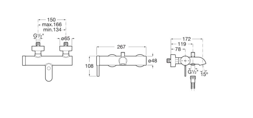 Екранна снимка 2026-07-30 104518 - Мебели за баня и душкабини Technical drawing of a wall-mounted faucet with two taps and central spout, shown in three views with dimensions: width 150 mm, center spacing 134–166 mm, G1/2 fittings, valve holes Ø65, overall length 267 mm, height 108 mm, outlet Ø48 mm, and 15° handle angle.