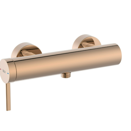 Rose-gold wall-mounted bath mixer with cylindrical body, single control lever, and downward outlet