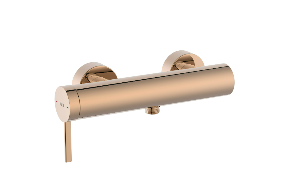 Екранна снимка 2026-07-30 105758 - Мебели за баня и душкабини Rose-gold wall-mounted bath mixer with cylindrical body, single control lever, and downward outlet