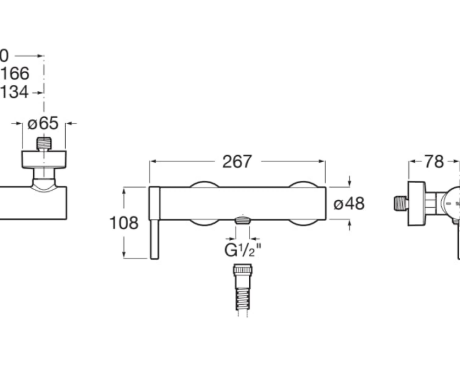 Technical drawing of a wall-mounted faucet with two handles, showing dimensions and connections (G1/2, 267 mm length).