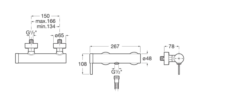 Екранна снимка 2026-07-30 105817 - Мебели за баня и душкабини Technical drawing of a wall-mounted faucet with two handles, showing dimensions and connections (G1/2, 267 mm length).
