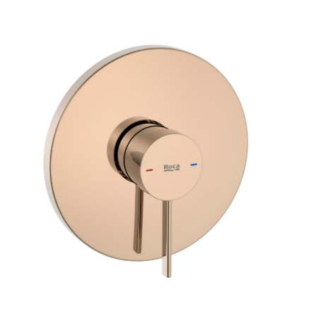 Wall-mounted round bath/shower control with a centered knob and a vertical lever, hot and cold indicators in red and blue.