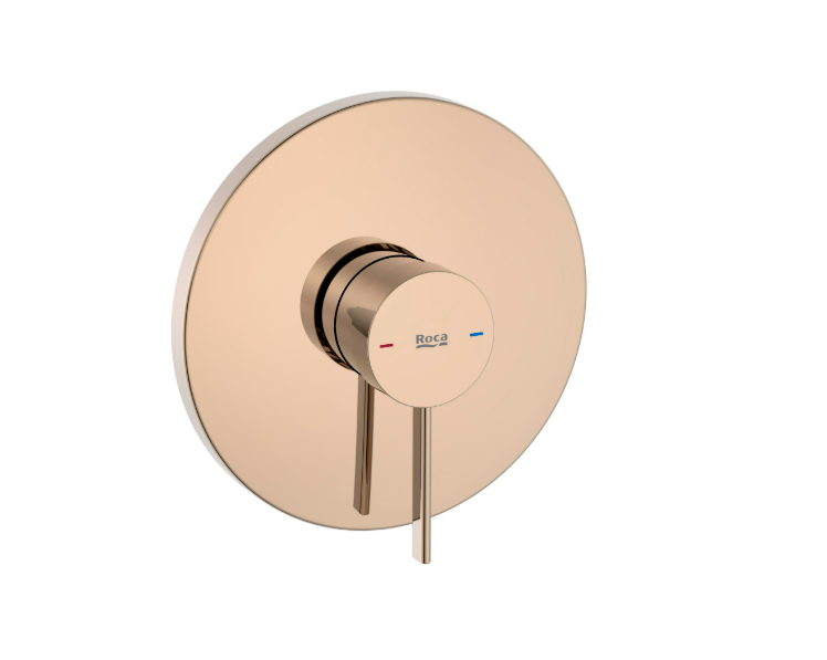 Екранна снимка 2026-07-30 111010 - Мебели за баня и душкабини Wall-mounted round bath/shower control with a centered knob and a vertical lever, hot and cold indicators in red and blue.