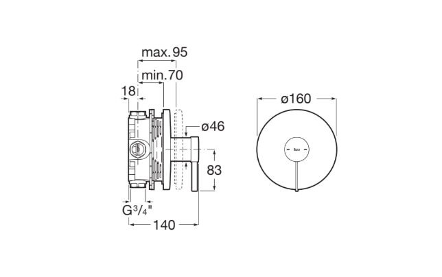 Екранна снимка 2026-07-30 111043 - Мебели за баня и душкабини Technical drawing of a wall-mounted light fixture with side and front views, showing dimensions (Ø160, projection 140, G3/4" fitting, 70–95 mm range).