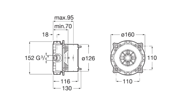 Екранна снимка 2026-07-30 111359 - Мебели за баня и душкабини Engineering drawing of a mechanical component with side and front views and labeled dimensions in mm: overall length 130 mm, height 152 mm, bore Ø126 mm, outer Ø160 mm, mounting spacing ~110 mm, and other detailed offsets.