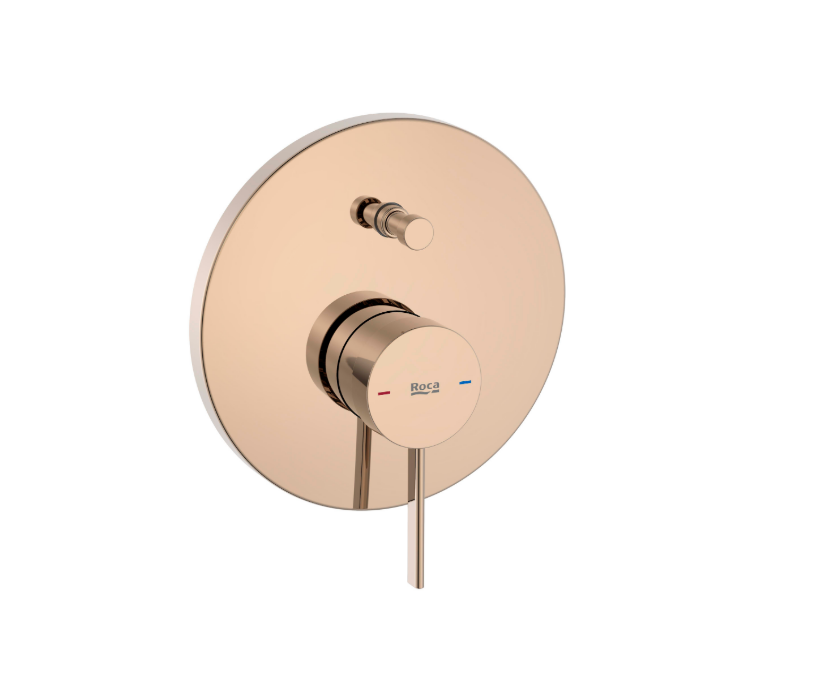 Екранна снимка 2026-07-30 113414 - Мебели за баня и душкабини Rose gold wall-mounted shower control with circular plate and single lever, red and blue temperature markers, labeled 'Roca'