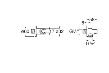 Technical drawing of a plumbing valve with two views: left shows a cylindrical stem with overall Ø60 and bore Ø32; right shows a threaded G 1/2" connection and mounting dimensions (58 mm, 6 mm).