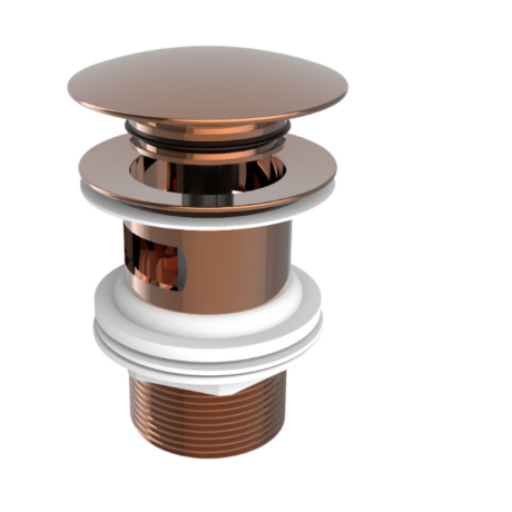 Copper-toned pop-up sink drain assembly with white washers and threaded tailpiece
