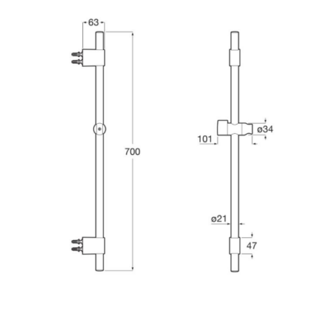 Engineering diagram of a vertical rod assembly with end-mounted fixtures at top and bottom. Overall length 700 mm. Top block width 63 mm; side view shows a 101 mm offset and a Ø34 sleeve; main rod Ø21 mm with a 47 mm bottom spacing.