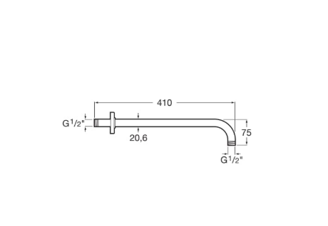 Dimensional drawing of a curved faucet spout with G 1/2" threads at both ends; overall length 410 mm, outlet height 75 mm, and inlet offset 20.6 mm.