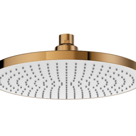 Round gold rainfall shower head with white face and numerous spray nozzles