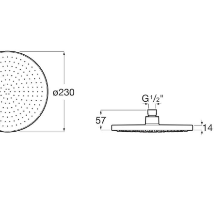 Technical drawing of a circular shower head: Ø230 mm diameter, side view shows a G1/2" connection and overall thickness 14 mm; mounting distance 57 mm from the wall to the head.