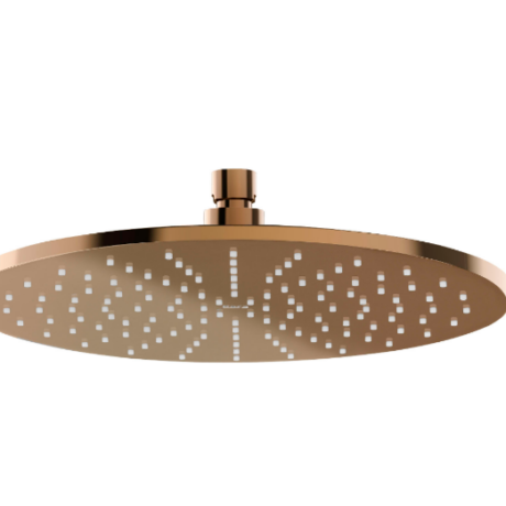 Copper-colored round shower head with many small spray nozzles, viewed from below