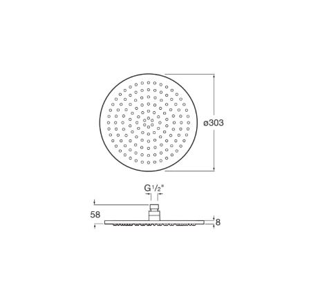 Technical drawing of a round shower head (diameter 303 mm) with a perforated face of many small nozzles, connected to a 1/2 inch G threaded arm; side view shows mounting dimensions and a shallow profile.