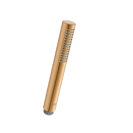 Gold-colored handheld massager with rows of small knobs along one side, shown on a white background.