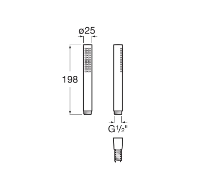 Technical drawing of a long cylindrical component with a perforated midsection, 198 mm long, Ø25 mm, with a 1/2 inch G threaded end bottom view included.