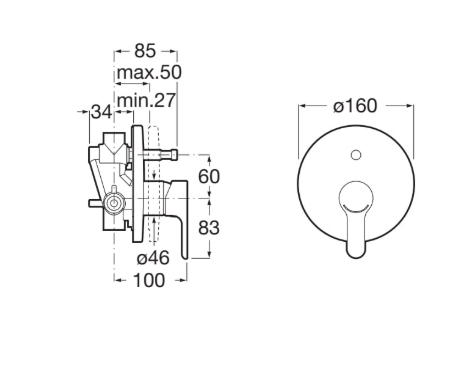 Technical drawing of a wall-mounted faucet: side view with dimensions (34, 60, 83, 100 mm; min 27, max 50 mm) and a front view showing a circular escutcheon Ø160 mm with handle.